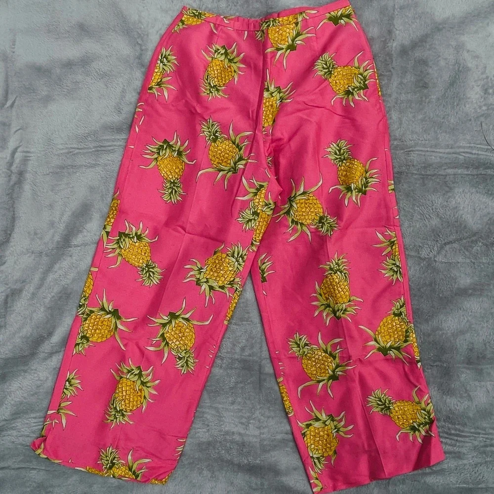 Pink Pineapple Print Silk Pants Tropical Vintage‎ Y2K Resort Wide Leg Size 6
